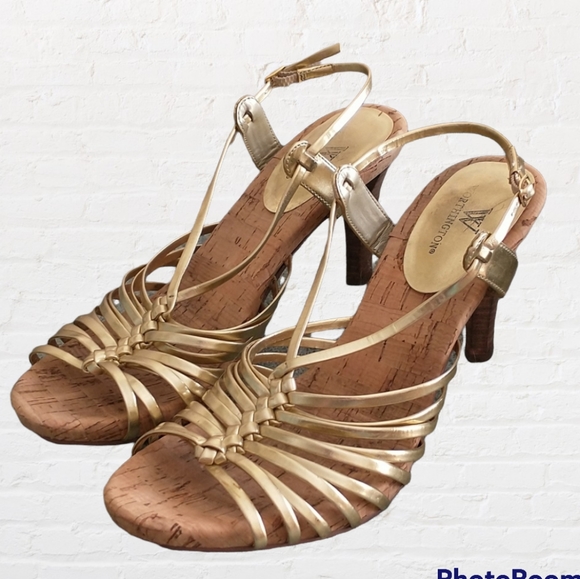 Worthington Shoes - Worthington platform heeled strappy sandals gold metallic cork holiday size 8